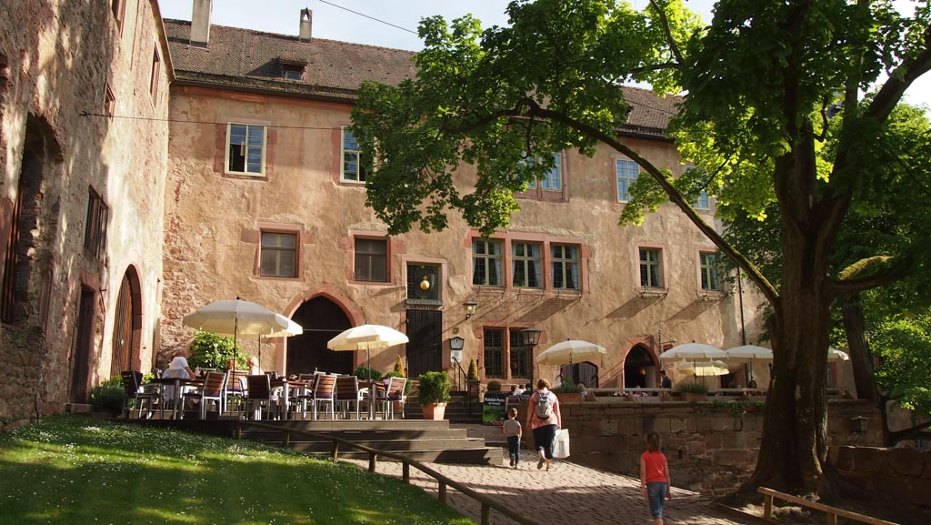 Het terras van Backhaus op het binnenplein van Schloss Heidelberg.