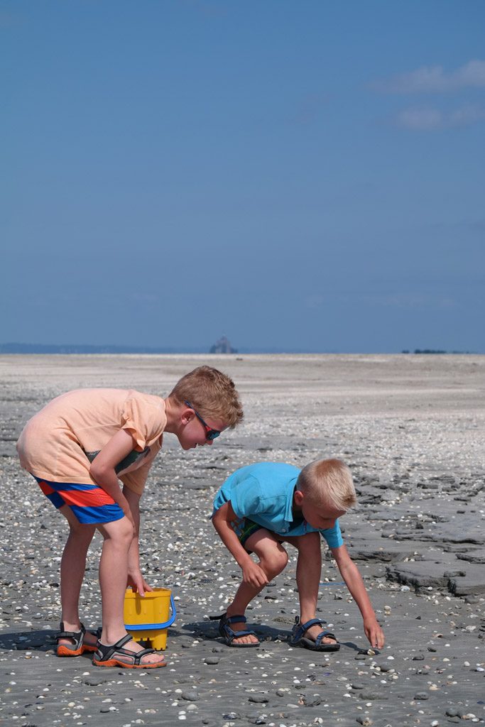 Schelpen zoeken op de oneindig lange stranden met Mont Saint Michel op de achtergrond.