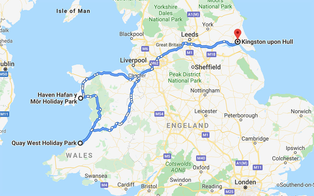 Route van de rondreis in Wales.