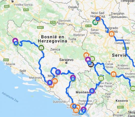 De route van onze rondreis Bosnië, Montenegro en Servië.