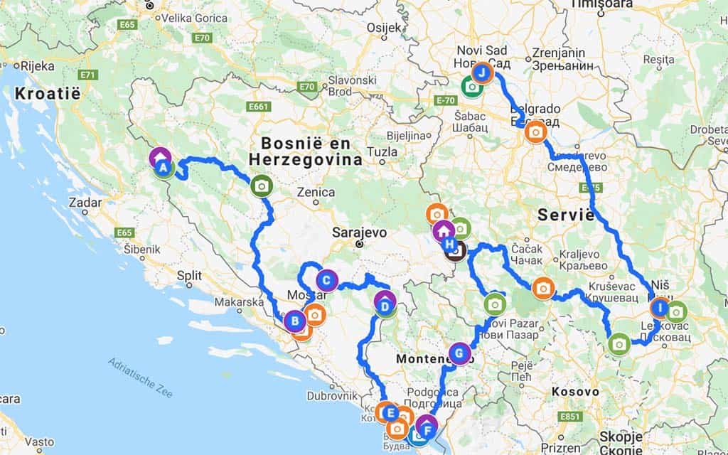 De route van onze rondreis Bosnië, Montenegro en Servië. 