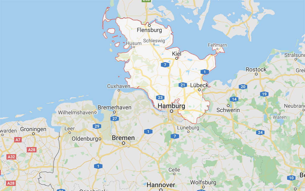 Zomervakantie in Duitsland? Op deze kaart zie je de ligging van Sleeswijk-Holstein in het noorden van Duitsland.
