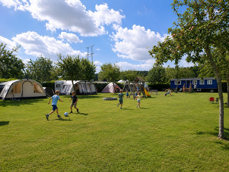Kinderen spelen op een gezellige camping vlak bij Enkhuizen tijdens de zomervakantie